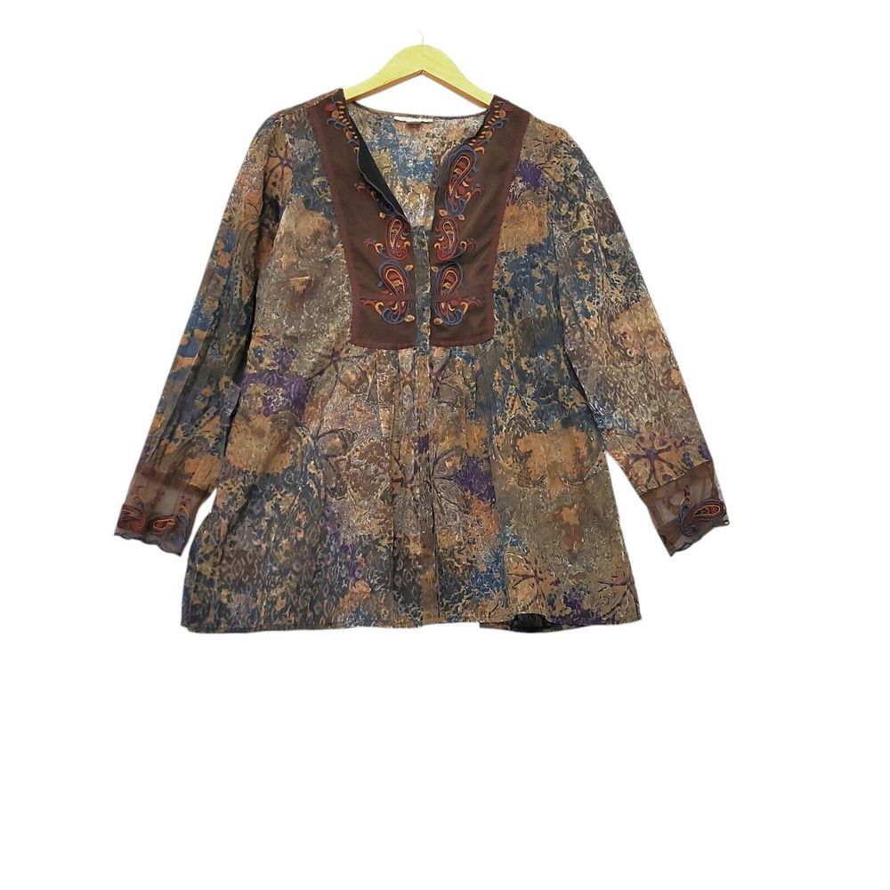 Coldwater Creek Top Long Sleeve Size Large Embroidered Pleated Boho Gypsy Hippie